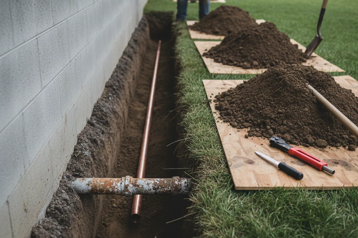 Excavated water line trench during Water Heater Repair in Huntington